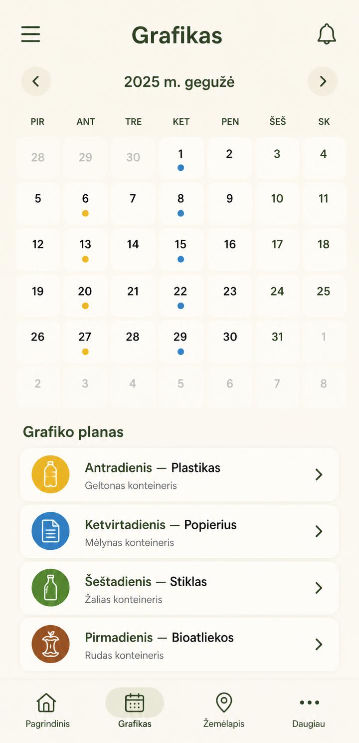 STUMTI išvežimo grafiko kalendorius su spalvotomis dienų žymomis