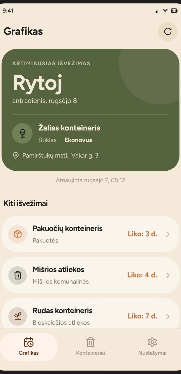 STUMTI programėlės grafiko ekranas su artimiausiu išvežimu ir mėnesio kalendoriumi