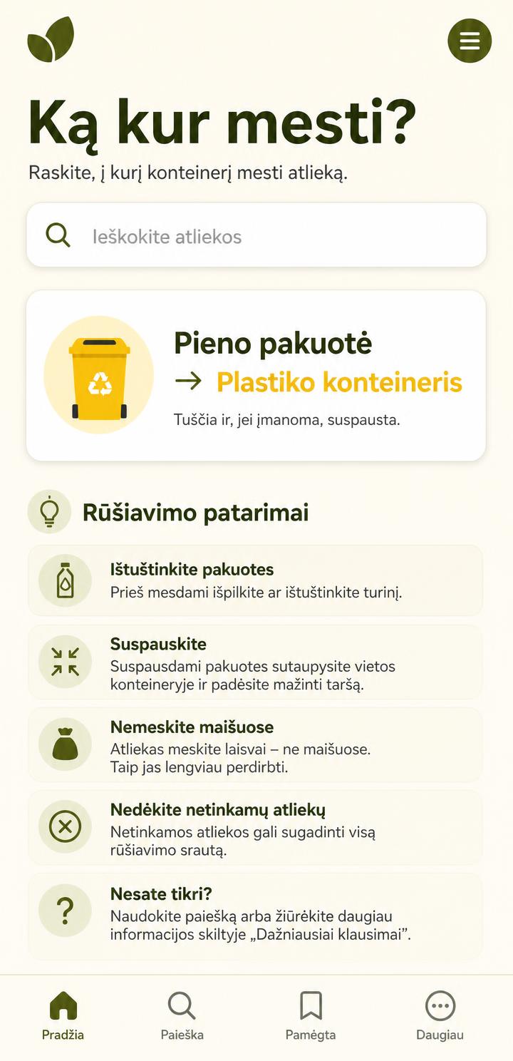 STUMTI atliekų paieškos ekranas su rezultatu ir rūšiavimo patarimais