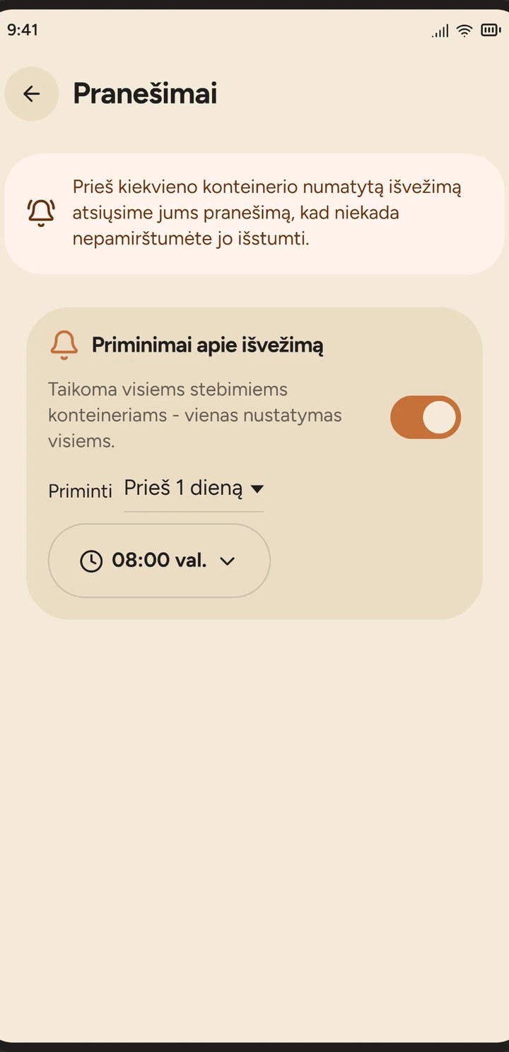 STUMTI programėlės pranešimų nustatymų ekranas su priminimų parinktimis