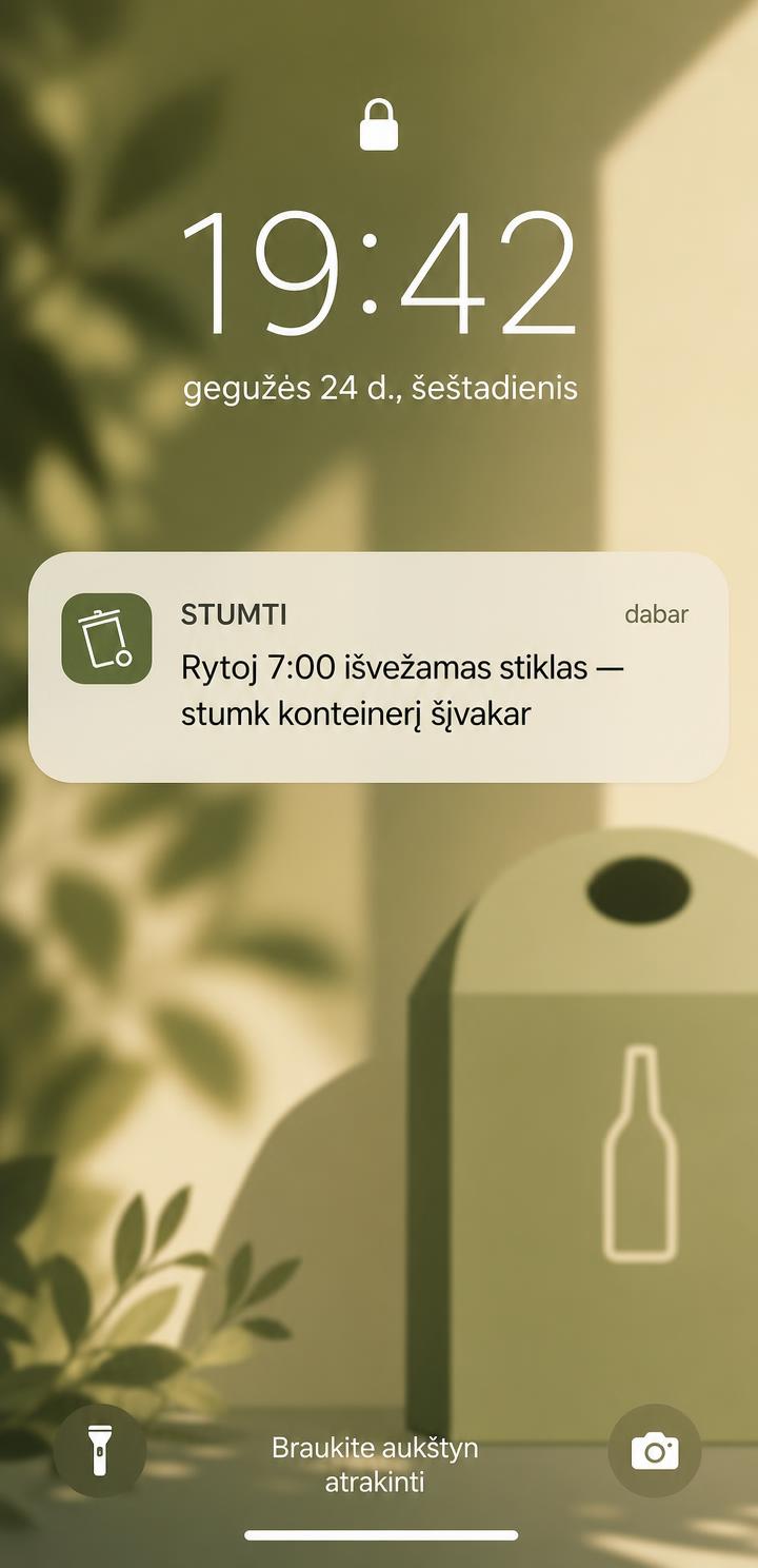 Telefono užrakto ekranas su STUMTI pranešimu: rytoj išvežamas stiklas