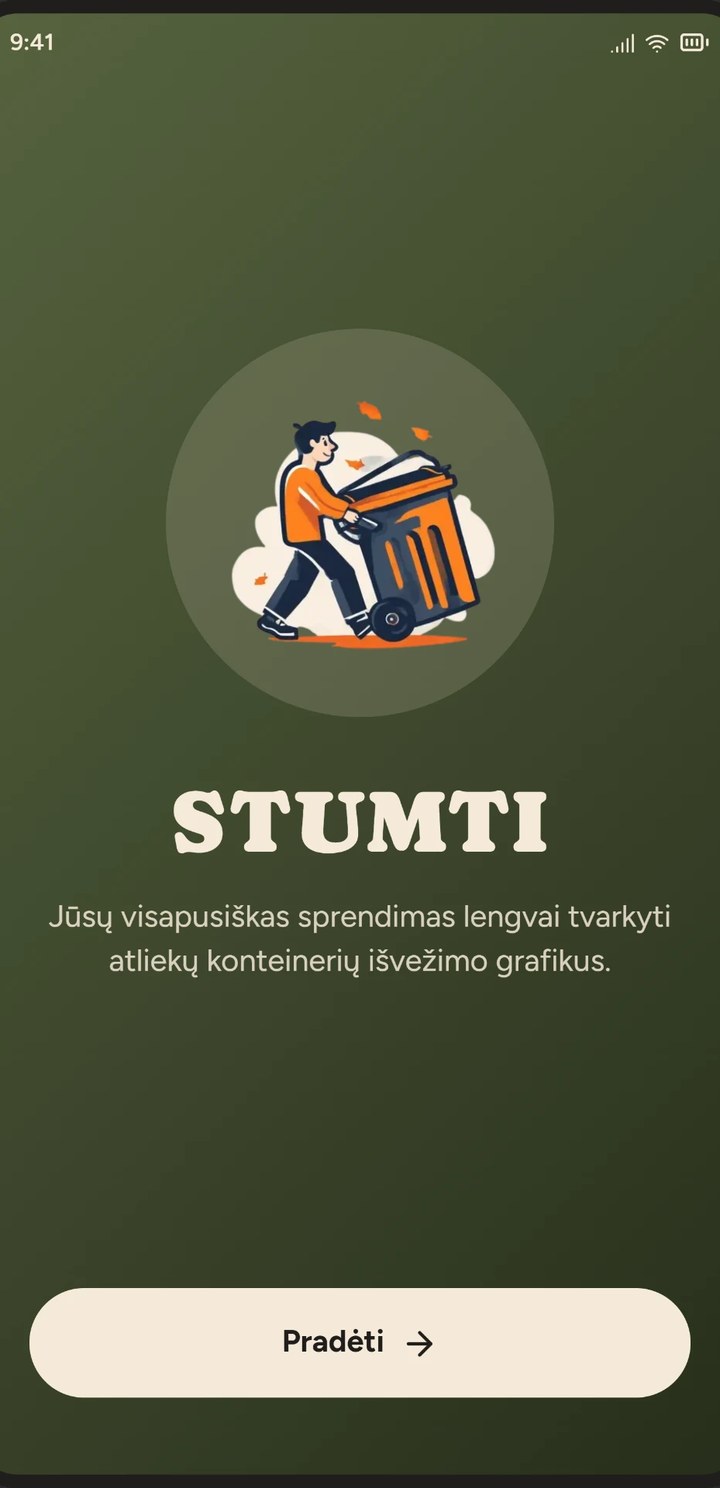 STUMTI programėlės pradžios ekranas su logotipu ir mygtuku „Pradėti“